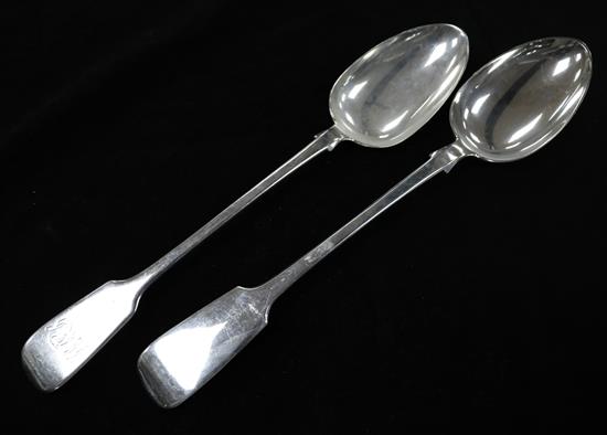 Two Victorian silver fiddle pattern basting spoons, London, 1842 & 1870, 8.5 oz.